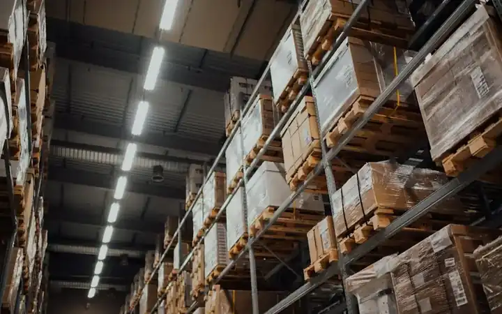 Cartons stacked on warehouse racks